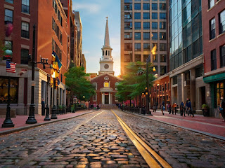 Realistic illustration of Boston's Freedom Trail, featuring iconic landmarks and historic sites along the route.
