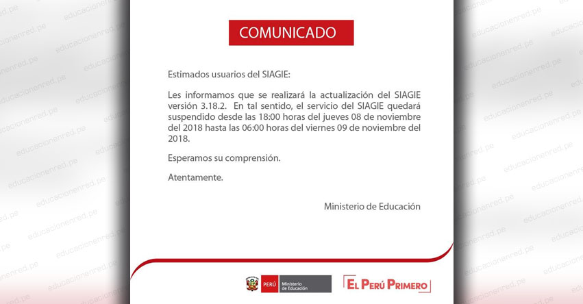 SIAGIE COMUNICADO: Suspensión del Servicio el Jueves 8 y Viernes 9 Noviembre - MINEDU - www.siagie.minedu.gob.pe