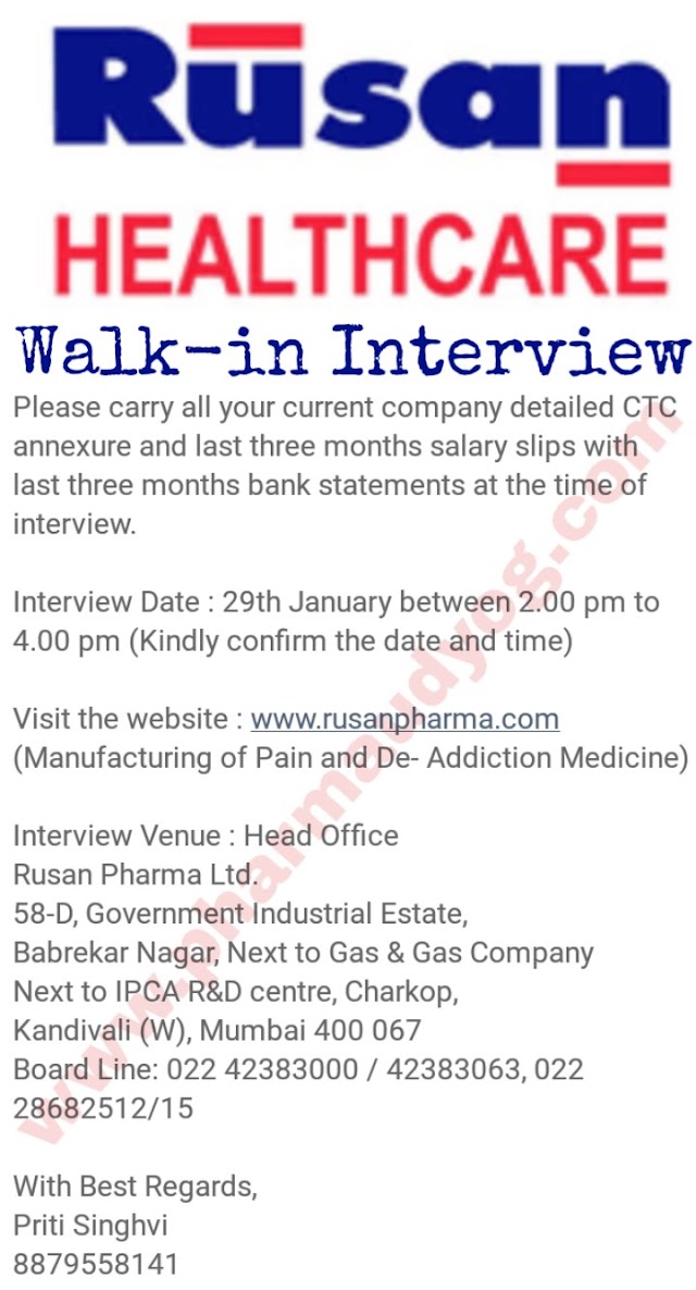 Rusan Pharma | Walk-in interview for Packing and Development | 29th Jan 2019 | Mumbai
