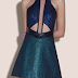 Vanessa White's Three Floor Metallic For All Metallic Navy Blue, Mermaid Green & Purple Sleeveless A-Line Mini Dress With Sheer Mesh Panel, Black Faux Leather Waistband & Trim & Double Cut Out Detail To Waist