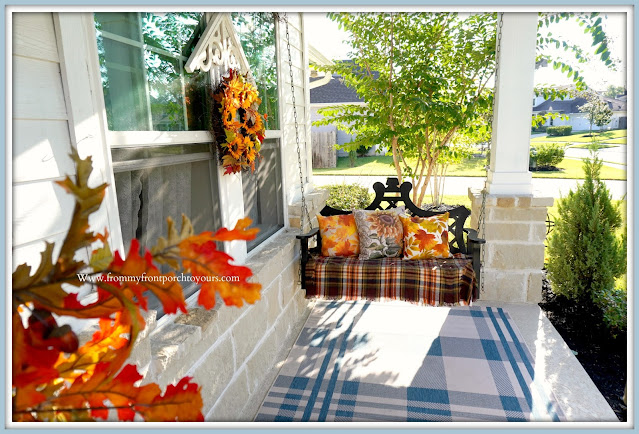 Farmhouse Cottage Style Fall Front Porch-Black Porch Swing-From My Front Porch To Yours