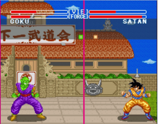 GOKU  has like 25% health and force like 20% and Satan has like 30%health and Force  at like 95%  GOKU has purple clothing on plus green skin and Satan has black hair and yellow and blue clothing and shoes and looks like Japanese building like a town house