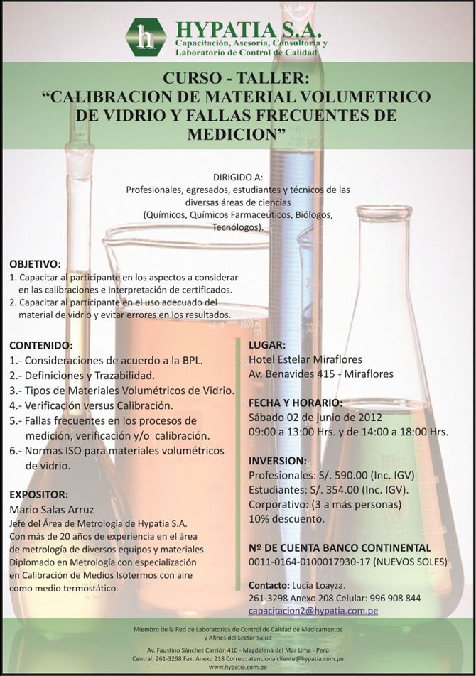 CURSO DE CALIBRACION DE MATERIAL VOLUMETRICO DE VIDRIO Y FALLAS FRECUENTES DE MEDICION