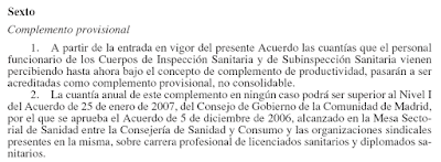 Complemento Provisional del Preacuerdo de la Inspección Sanitaria, según punto sexto del Acuerdo de 20 de mayo de 2010 (BOCM 23/07/10)