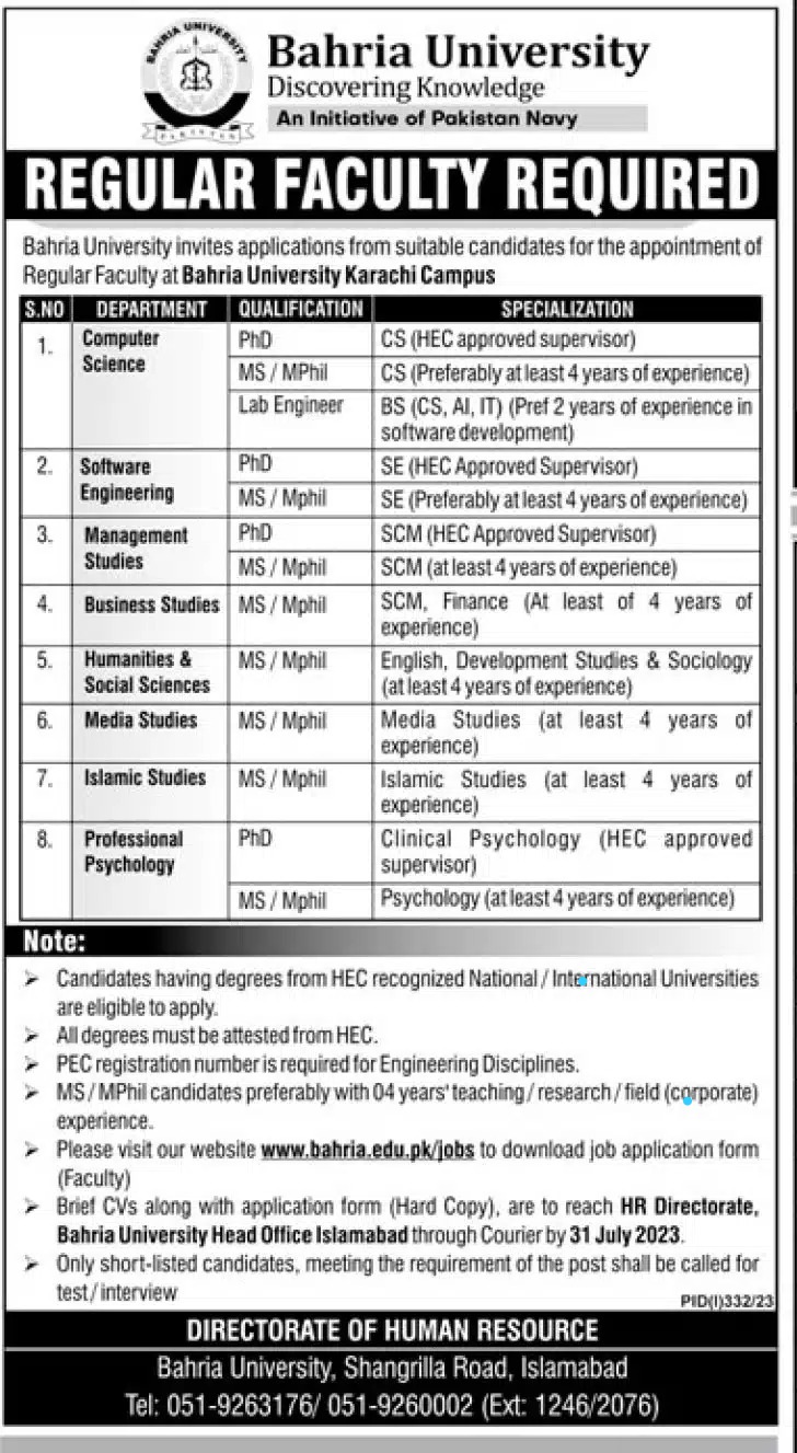 Jobs at Bahria University Karachi Campus | www.bahria.edu.pk