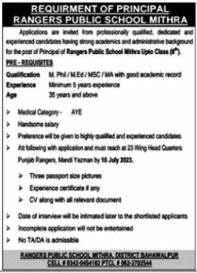 Rangers Public School Management jobs in  Bahawalpur 2023