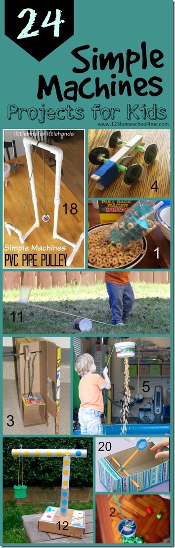 24 Simple Machines projects for kids - so many clever, fun, and unique science experiments to explore simple machines for classroom, science project, and homeschool for kindergarten, first grade, second grade, third grade, fourth grade, and fifth grade. PLUS love the 5 week unit diving more in depth along with free printable simple machine worksheets for kids!!