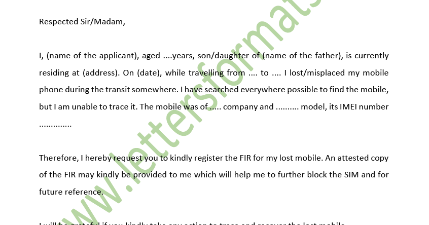 Letter To Police To Lodge Fir For Lost Or Stolen Mobile And Sim