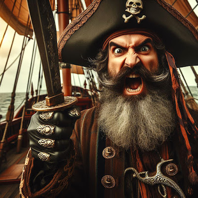 Angry pirate on ship waving cutlass.