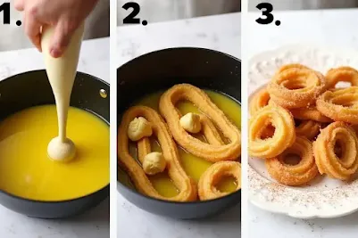 Step-by-step images of making Homemade Churros, including piping, frying, and the finished churros coated in cinnamon sugar