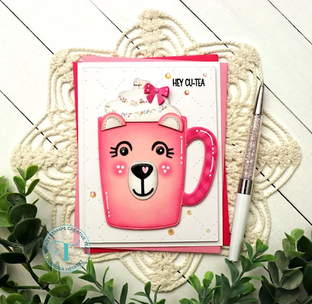 Hey Cu-Tea Coffee Mug Card created by Larissa Heskett for Trinity Stamps using Beary Cute Layered Mug Die Set, Cat & Dog Layered Mug Die Set, A2 Coverplate: Quilted Cover Die, Chocolate Bunny Embossed Detail Die & Fairy Rocks Rhinestones