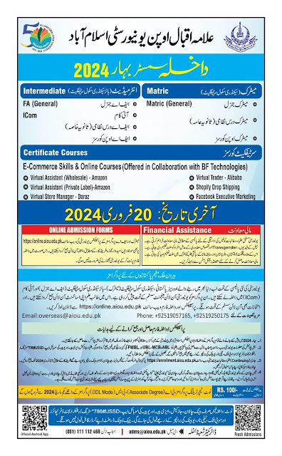 AIOU Admissions Open Matric/ FA/ Icom Spring 2024