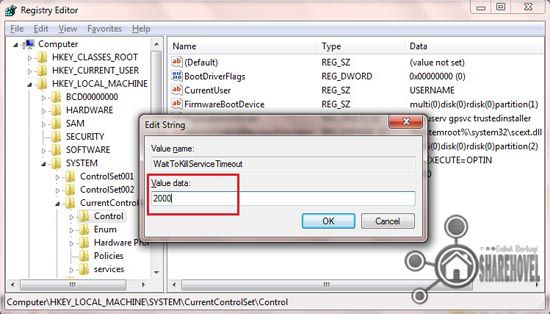 edit value WaitToKillServiceTimeOut untuk mempercepat shutdown di windows 7