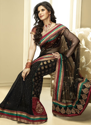 zarin khan black netted saree