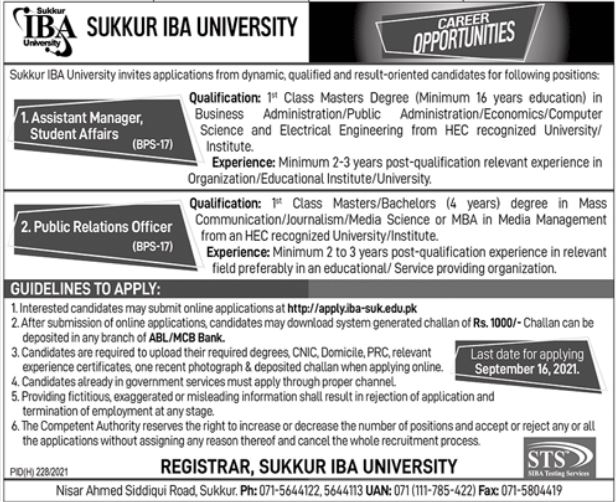 Sukkur IBA University Jobs 2021 Via STS