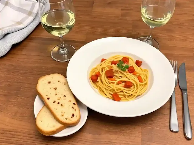 Pasta served with garlic bread and a glass of white wine