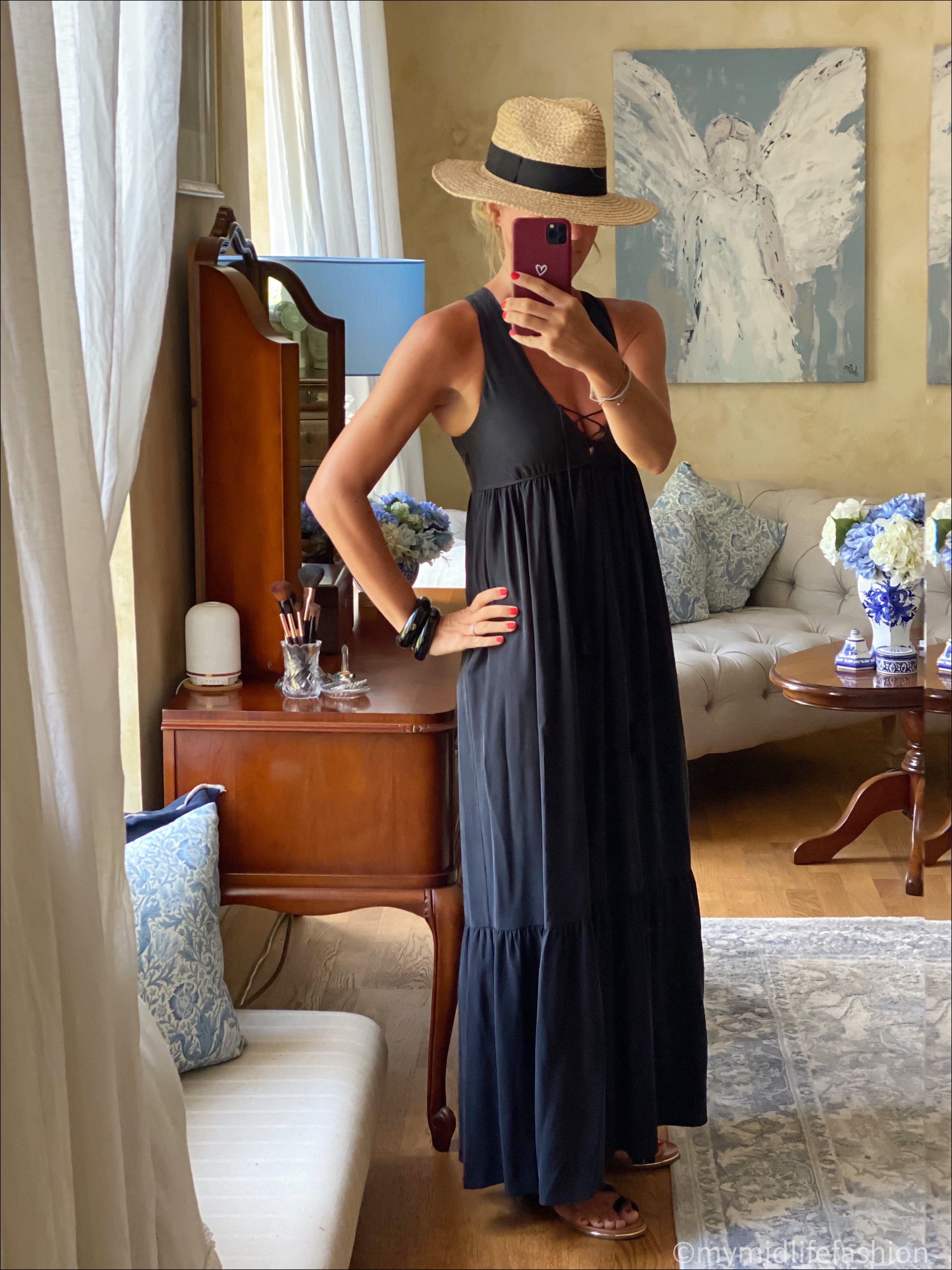 my midlife fashion, Zara Panama hat, Vanessa bruno tiered maxi dress, carvela leather sandals