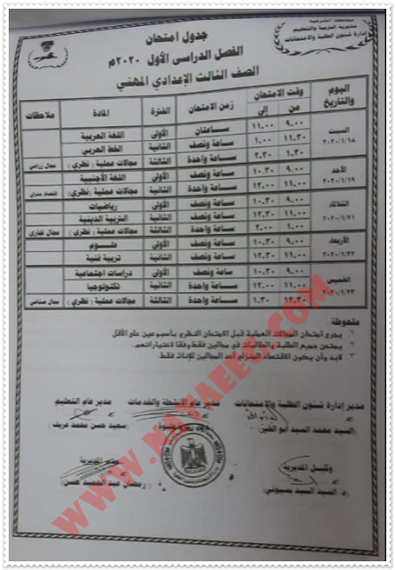 جدول مواعيد امتحانات التيرم الأول بمحافظة الشرقية