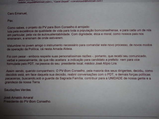 EMANUEL LUNA DISSE "NÃO". PRESIDENTE DO PV, LAMENTA.