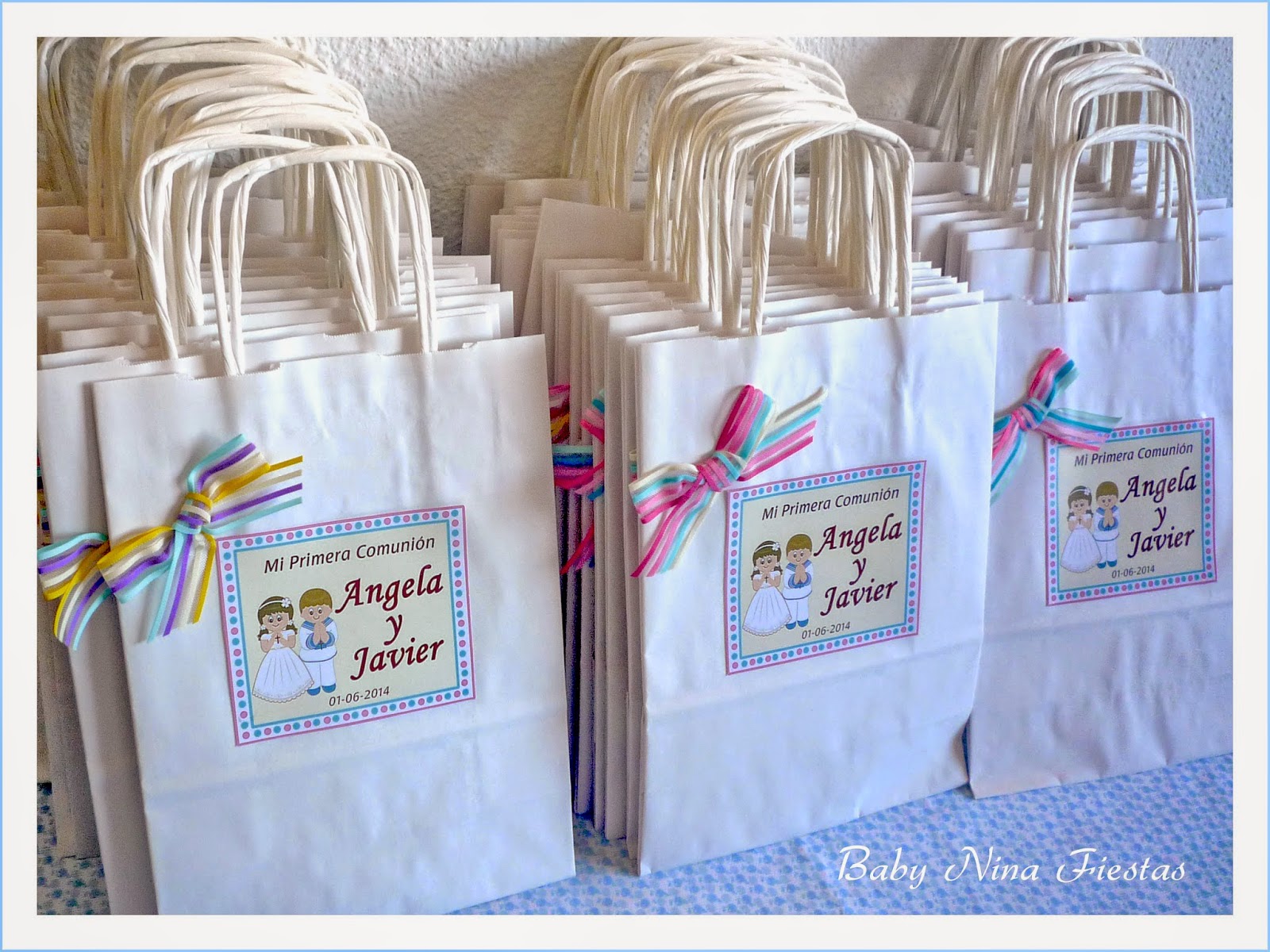 Baby Nina Fiestas: Bolsas personalizadas y recordatorios para la comunión  de Nacho, Angela y Javier