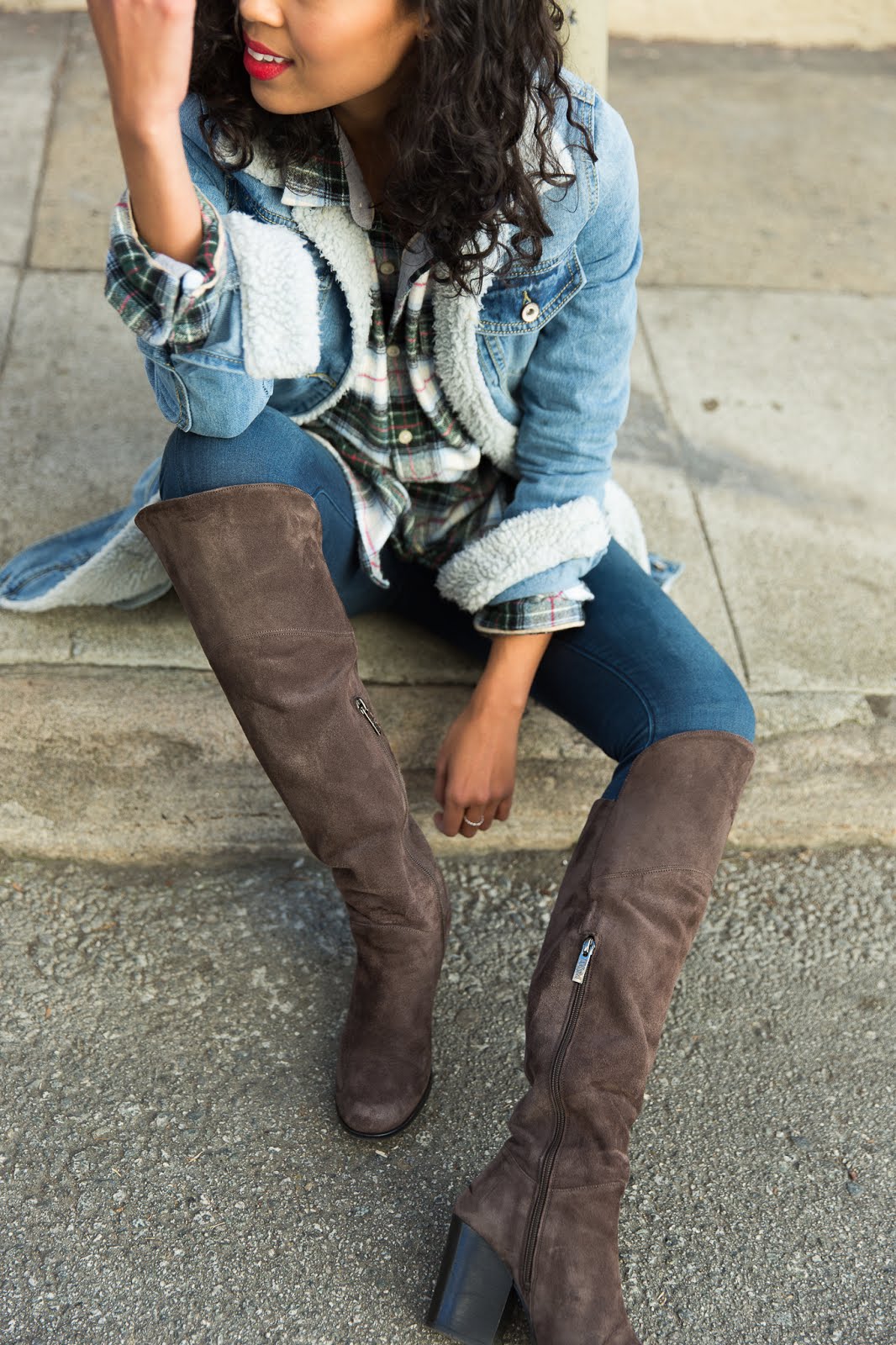 pancake stacker wearing men's "oversized" flannel, boohoo denim jacket with faux shearling, true religion runway legging jeans and ted and muffy OTK boots