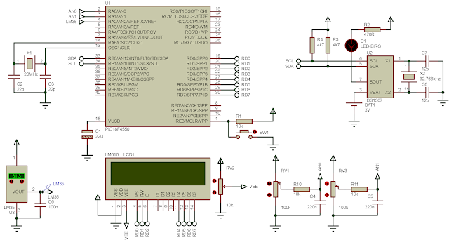 PIC18F4550 interfaces to DS1307 RTC and character LCD