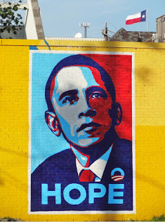 Obama HOPE Mural with Texas flag in background