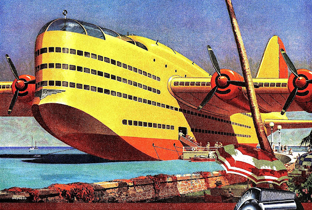a 1946 George Shepherd retro-future illustration with a giant water plane