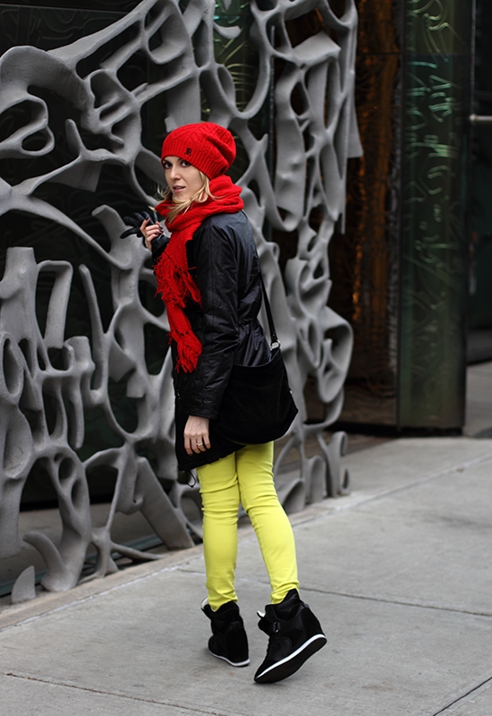 The Wind of Inspiration Outfit of the Day  Post – “Last New York Outfit Post This Year” (Bar III Sweater, Marc New York Coat, Asos Skinny Jeans, Report Wedge Sneakers, Eileen Fisher Bag, Rugby Ralph Lauren Cable-Knit Hat, Rugby Ralph Lauren Long Cable-Knit Scarf, Charter Club Leather Gloves, Brucci Nail Hardener Polish Black Cherry 213)