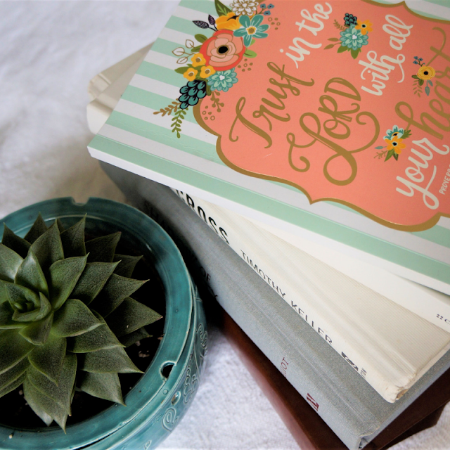 Prayer journal sitting beside a houseplant.