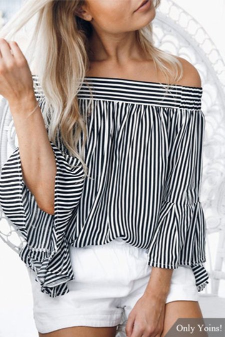 Off-the-shoulder Stripes Long Sleeves Top -Price:US$21.95 (42%OFF))