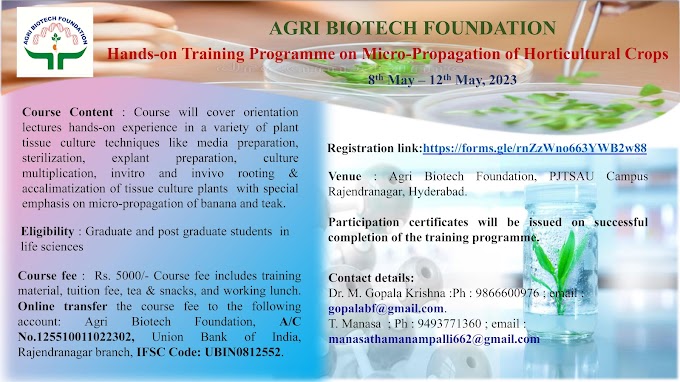 ABF Hands-on Training Programme on Micro-propagation of Horticultural Crops | 8th to 12th May 2023
