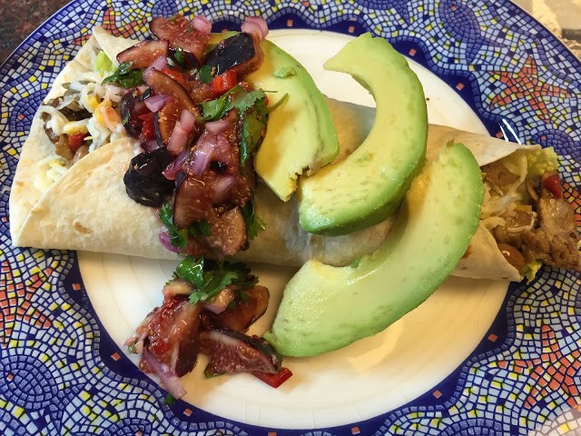 Gian duck tacos with fig salsa