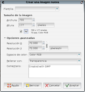 Gimp. Cuadro de diálogo Imagen nueva. Tamaño: 700x177 pixeles con el fondo transparente