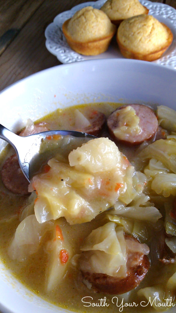 CABBAGE STEW! An easy, hearty stew recipe made with cabbage, potatoes, smoked sausage, kielbasa or leftover ham.