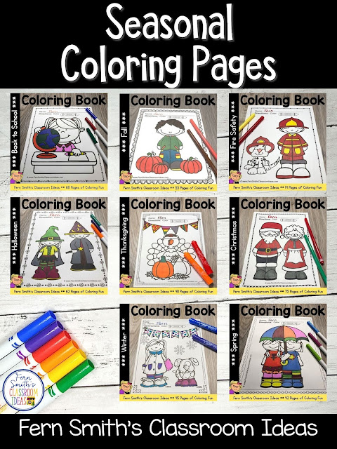 You can click on the picture or the caption below it to arrive at my TpT store already sorted for the grade level items you want for your class. Seasonal Coloring Pages for your Pre-K, Kindergarten, or First Grade Students. #FernSmithsClassroomIdeas