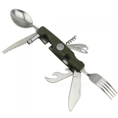 Multifunctional Stainless Steel Camping Tableware, Folding Flatware Kit With Spoon, Knife, Fork, Compass, Light Etc Army Green