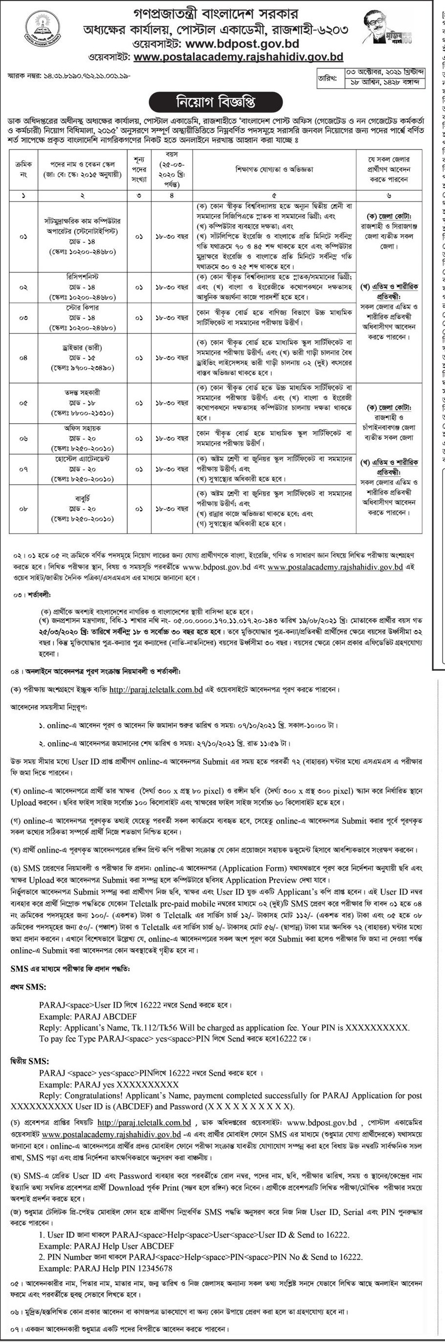 ডাক অধিদপ্তরের অধীনস্থ অধ্যক্ষের কার্যালয় পোস্টাল একাডেমী রাজশাহী এর নতুন নিয়োগ বিজ্ঞপ্তি প্রকাশ-২৭,১০