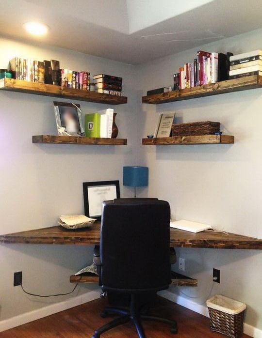 Corner floating shelves office