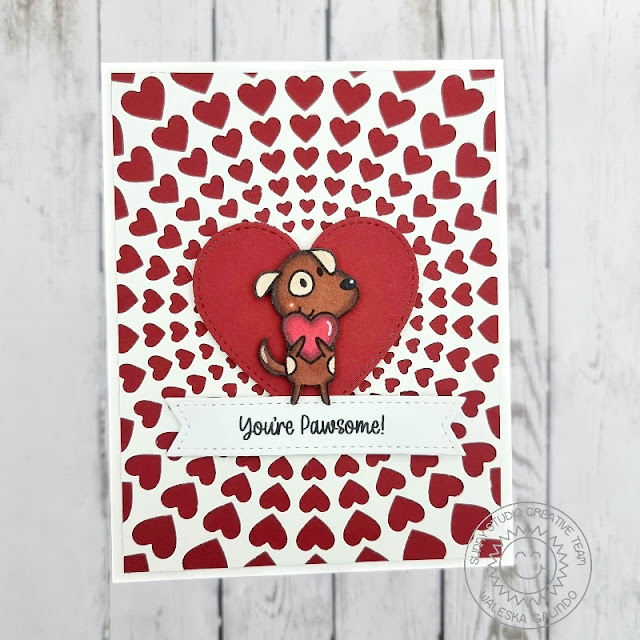 Sunny Studio Stamps: Puppy Love Love Themed Card by Waleska Galindo (featuring Bursting Heart Dies, Stitched Heart Dies)