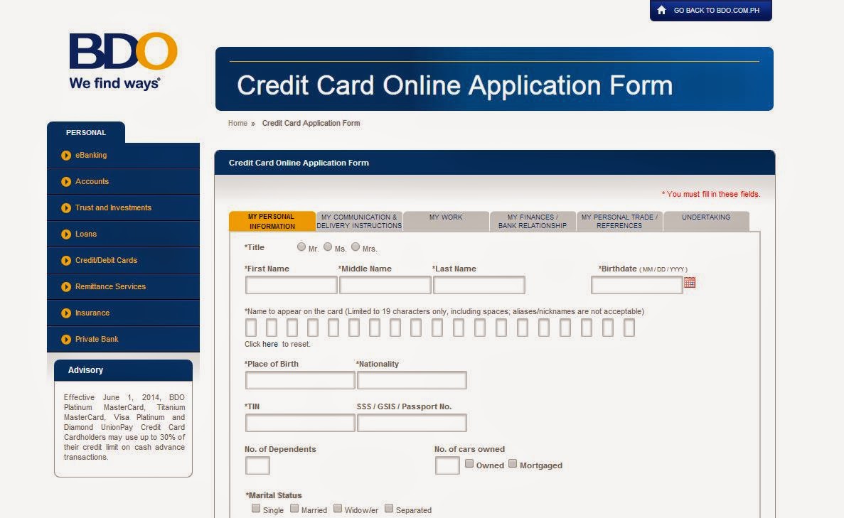 Simple J: BDO Credit Card Online Application