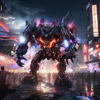 A futuristic robotic mecha piloted by a human inside is patrolling within a cyberpunk city with vibrant lights and colors