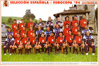 Selección de ESPAÑA - Temporada 1995-96 - Nadal, Julio Salinas, Fernando Hierro, Cañizares, Zubizarreta, Molina, López, Caminero y Kiko; Dr. Borrás (médico), Abelardo, Luis Enrique, Julen Guerrero, Delgado Meco (preparador), Clemente (seleccionador), Goicoechea (2º entrenador), Amavisca, Pizzi y Gutiérrez (auxiliar); Miguel Gutiérrez (masajista), Otero, Amor, Belsúe, Manjarín, Donato, Sergi, Alcorta, Alfonso y Dr. Cortegoso (médico) - Foto oficial de la Selección Española que participó en la Eurocopa de Inglaterra de 1996, siendo eliminada en cuartos por la anfitriona en el desempate a penaltys