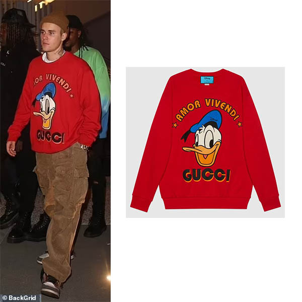 Justin Bieber wearing red Gucci Donald Duck sweatshirt on Billboard Awards after-party on May 23, 2021.
