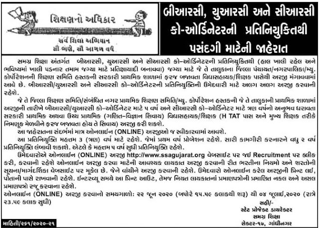 SSA GUJARAT CRC,BRC,URC Recruitment 2020@ssagujarat.org