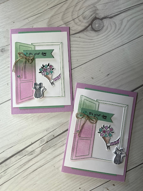 Two Birthday cards with a bouquet of flowers and a happy cat in an open door way from the Warm Welcome Stamp Set