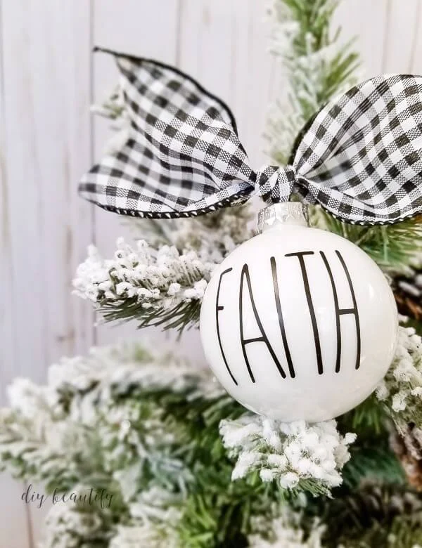 FAITH ornament with black gingham ribbon