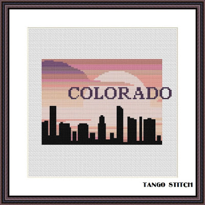 Colorado USA state map skyline sunset cross stitch pattern