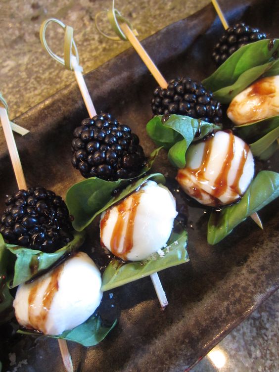 Light and tasty Blackberry Basil Mozz skewers w Balsamic Drizzle