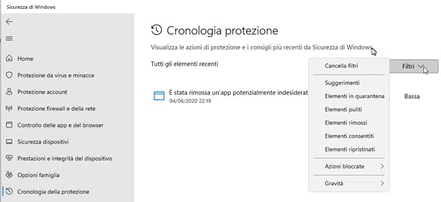 cronologia della protezione di windows